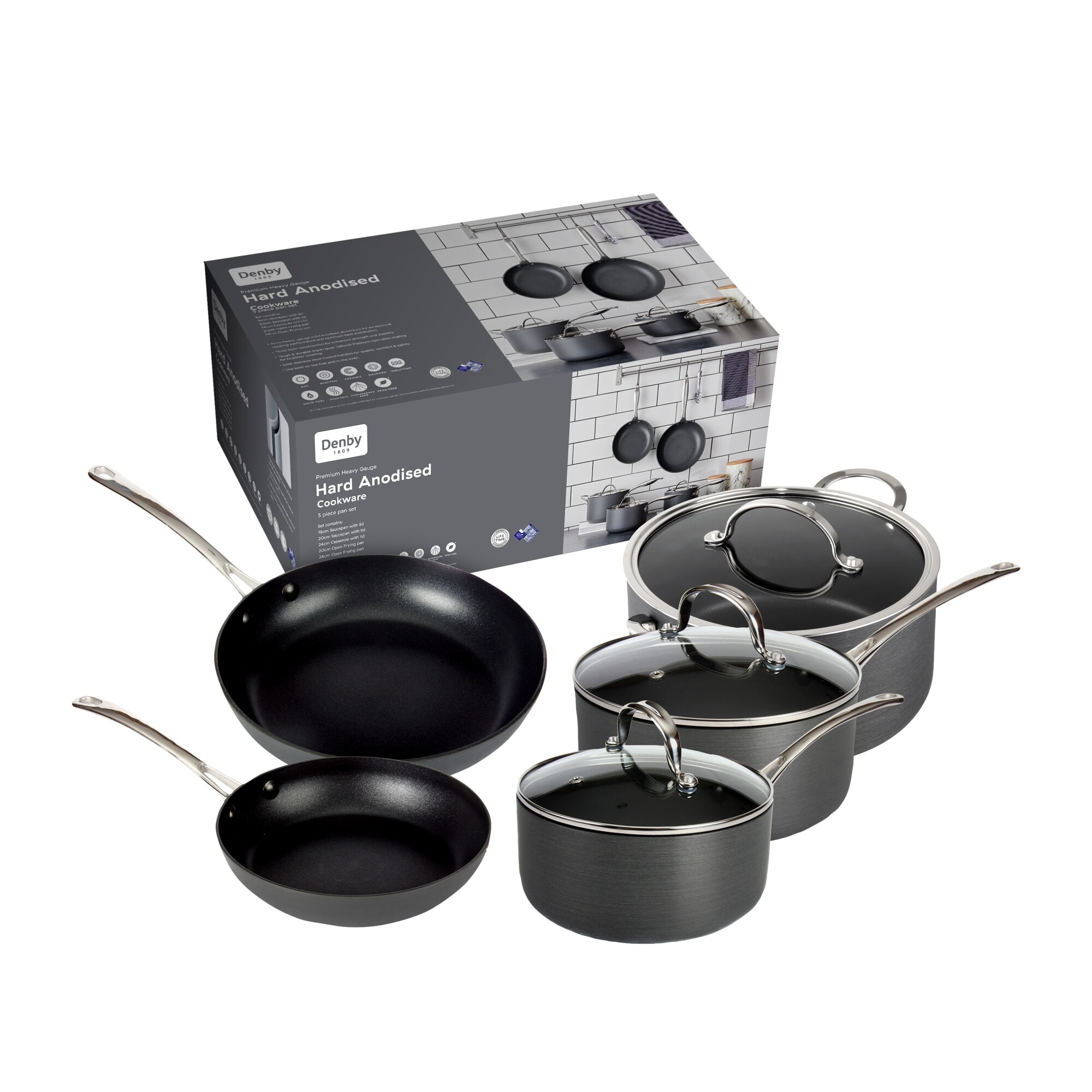 Product photograph of Denby Hard Anodised 5 Piece Pan Set Induction Base from Denby Retail Ltd